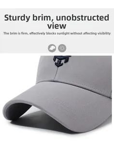 Detail of light gray baseball cap showing reinforced stitching and blue arrow embroidery