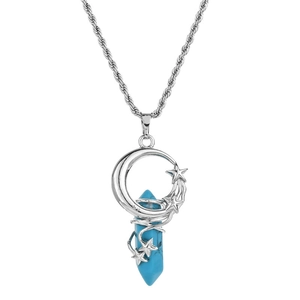Silver celestial moon and star necklace with hexagonal blue natural stone pendant