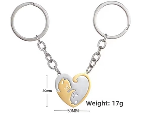 Detailed view of cat-shaped heart puzzle keychain with 30mm dimensions and 17g weight