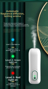 Detail of smart fragrance diffuser showing three cycle modes and LED indicator