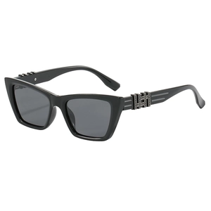 Polarized cat-eye sunglasses in black with silver metal trim, 45-degree side view