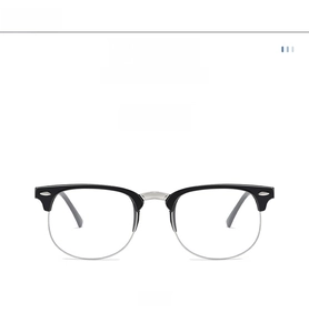 Front view of classic black and silver semi-rimless browline glasses frame with nose pads
