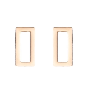 Detailed view of geometric rectangular stud earrings in polished rose gold finish