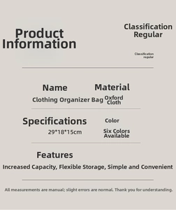 Detailed size specifications for a durable Oxford cloth 29x18x15cm travel organizer bag