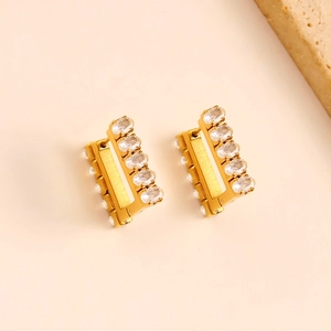 18K gold plated stainless steel geometric square hoop earrings with clear cubic zirconia