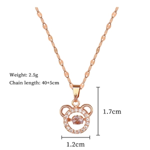 Rose gold bear pendant necklace size guide with stone settings and chain dimensions