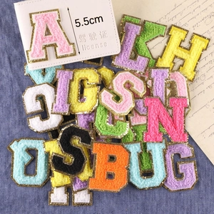Chenille Alphabet Letter Patches With Gold Glitter Border Towel Embroidery Iron On For DIY Clothing Bag Hat Decoration