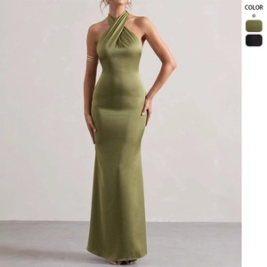 Vestito Maxi In Raso Con Scollo Halter Da Donna Senza Maniche Schiena Scoperta Fiocco Sul Retro Vestito Da Sera Slim Fit Per Festa