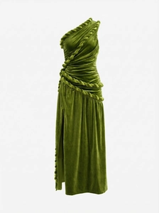 Detail of moss green velvet one-shoulder dress with twisted rope design and slit