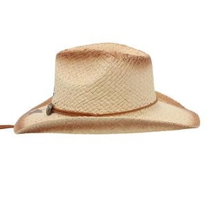 Close-up of woven straw cowboy hat with vintage metal buckle and distressed brim detail