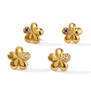 Exquisite gold five-petal flower earrings set with colorful and clear crystals