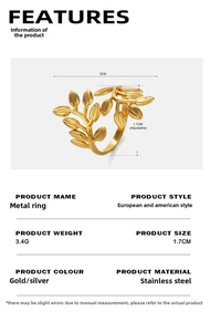 Detailed view of adjustable stainless steel leaf ring with 3cm width and 3.4g weight