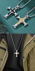 Macro shot and model view of vintage layered floral cross pendants in steel