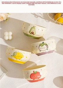Detail of four ceramic fruit bowls featuring avocado, mangosteen, lemon, and apple prints