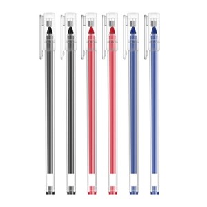 6-pack of 0.5mm gel pens in black red and blue colors with transparent barrels