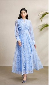 Détails de la dentelle bleu clair et boutons élégants sur robe avec col en V