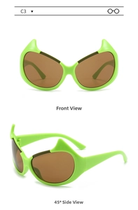 Fluorescent green devil horn sunglasses with brown lenses in front and side views