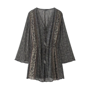 Robe Courte Bohème Col En V Femmes Imprimé Fleuri Mousseline Manches Longues Avec Fil Métallique Doré Gland Taille