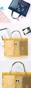 Detail of mesh tote bag with eye patches and CC logo featuring travel accessories