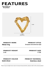 Detail of adjustable golden stainless steel heart ring with hammered texture surface