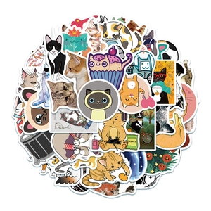 Detail of assorted cute cartoon cat stickers with waterproof finish for scrapbooking