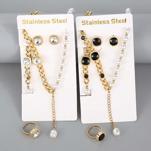 Stainless Steel Jewelry Square Zircon And Imitation Artificial Pearl Necklace Bracelet Ring Earrings Chunky Chain Fashion Trendy