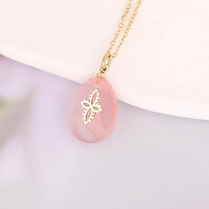 Pink teardrop natural stone necklace with gold stainless steel cross pendant and chain