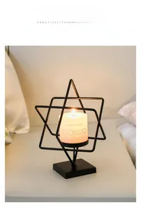 Detail of Nordic black geometric metal candle holder with a white pillar candle