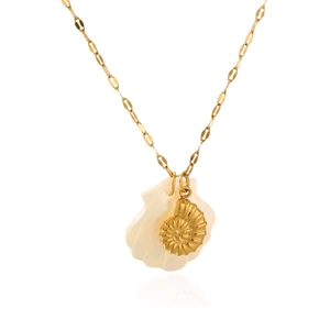 Close-up of 18K gold plated seashell and white mother of pearl pendants on a link chain