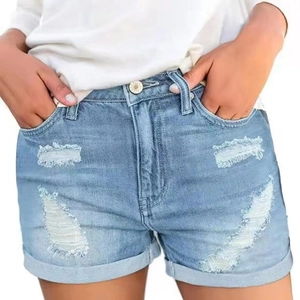 Women High Waisted Distressed Denim Shorts Ripped Rolled Hem Washed Cotton Jean Short Pants Casual Summer Fashion