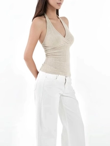 Slim fit beige knitted halter top with V-neck and ribbed texture for women