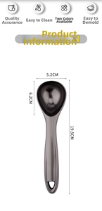 Detailed dimensions of a black self-thawing ice cream scoop with integrated handle
