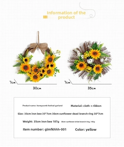 Detail view of 30cm and 35cm bee festival sunflower wreaths with size specifications