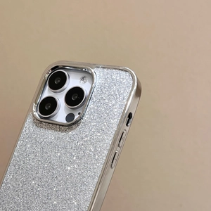 Detail shot of silver glitter phone case with electroplated camera lens protector