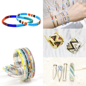 Detailed collage of multi-color Miyuki glass seed bead bracelets and metal pendants