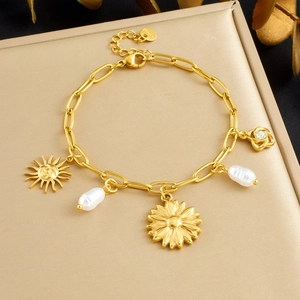 Bracelet En Acier Inoxydable Plaqué Or Pour Femme Avec Künstliche Perles Baroques Charmes Visage Soleil Tournesol Bijoux Boho