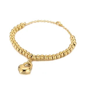 Stainless Steel Heart Pendant Bracelet 18K Gold Plated Polished Bead Chain Adjustable Minimalist Jewelry For Women
