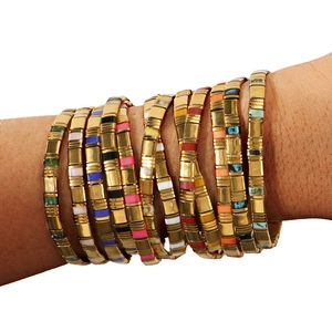 Set of 10 colorful bohemian Tila bead stretch bracelets with vintage enamel finish
