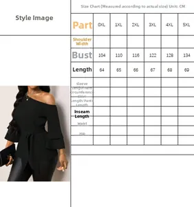 Size chart for plus size denim effect top with measurements for 0XL to 5XL sizes