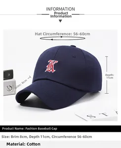 Size specifications for deep blue baseball cap featuring embroidered letter K decoration
