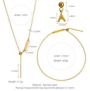 Detailed size and weight specs for golden stainless steel letter A necklace and bracelet