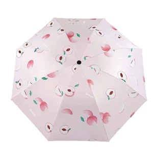 Pink UV-protected folding umbrella with peach pattern print and black glue coating