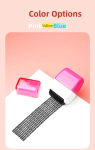 Pink identity theft protection roller stamp covering private text on white paper