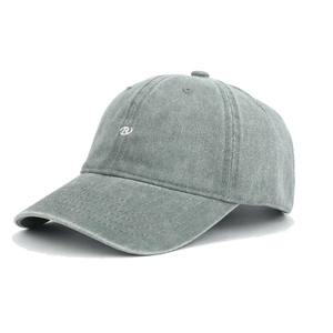 Macro view of vintage charcoal grey baseball cap with white embroidered R logo