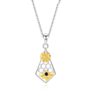 S925 silver necklace with two-tone sunflower and bee pendant on a white background