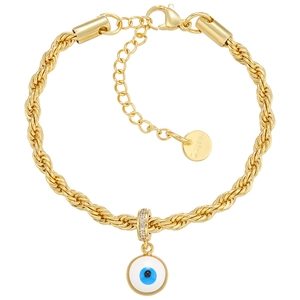 Détail du bracelet chaîne torsadée dorée avec pendentif œil et fermoir en acier réglable