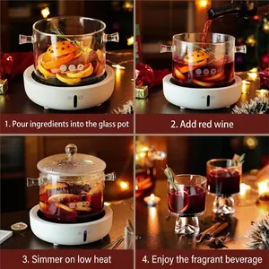Borosilicate glass pot with electric heating base for boiling mulled wine and fruit tea