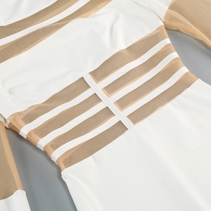 Detail of white mesh patchwork and high waist stitching on this bodycon dress