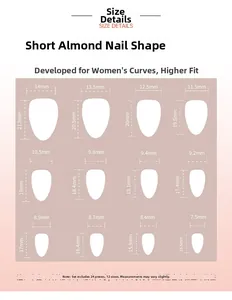 Size chart for short almond press-on nails featuring twelve widths from 7.5mm to 14mm