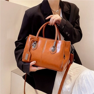 Retro Oil Wax PU Leather Boston Bag With Woven Handle For Women Fashion Crossbody Shoulder Handbag